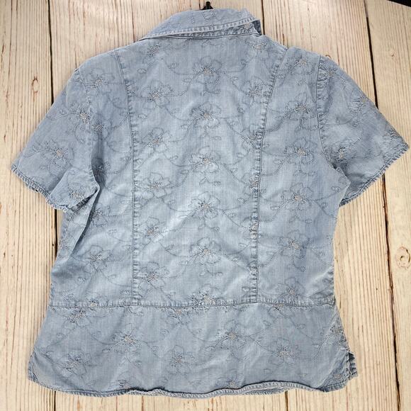 JM Collection Top Women 12 Blue Embroidery Floral Button Up Shirt Short Sleeve - Picture 4 of 5